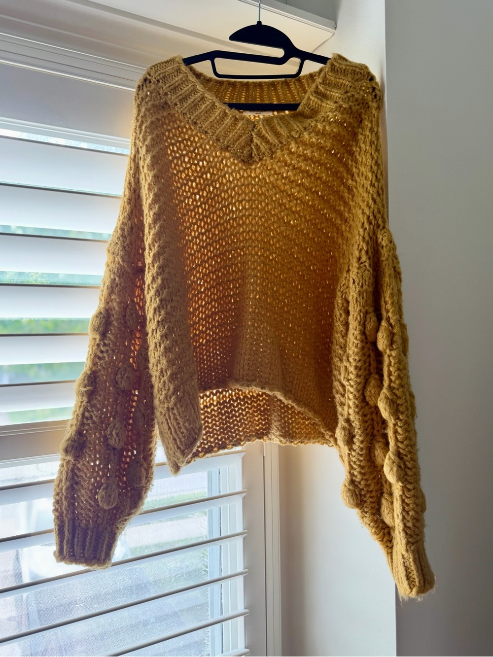 Chunky Cable Sleeve V-Neck Women’s Sweater in Mustard